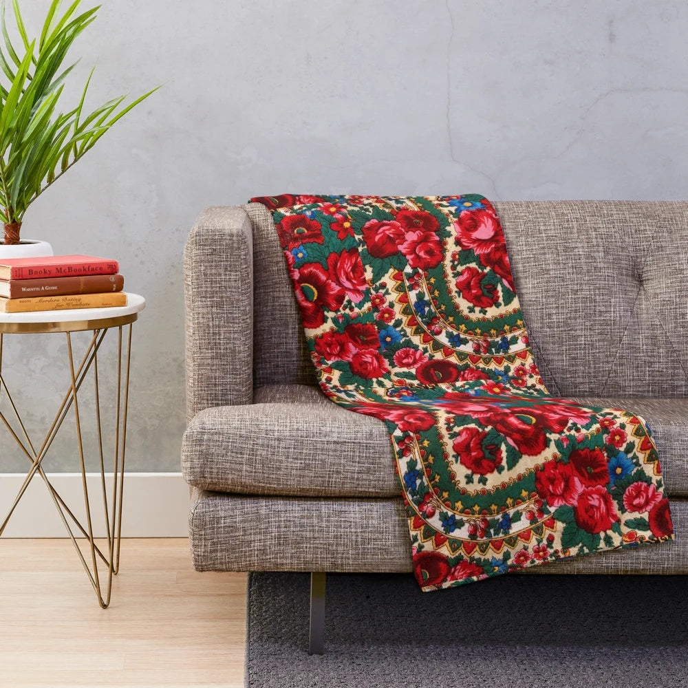 Antique Russian Floral Textile Pattern Plush Blanket with Red Poppies