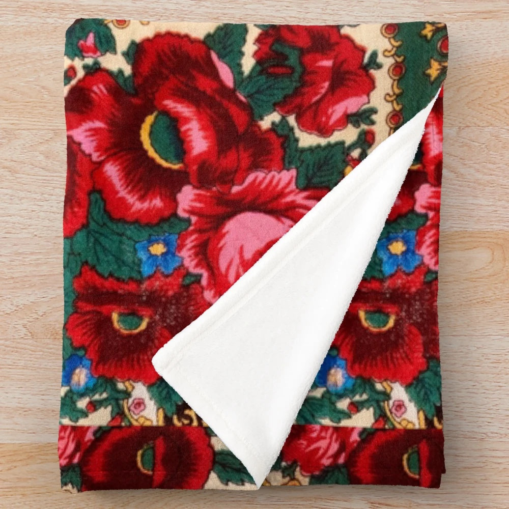 Antique Russian Floral Textile Pattern Plush Blanket with Red Poppies