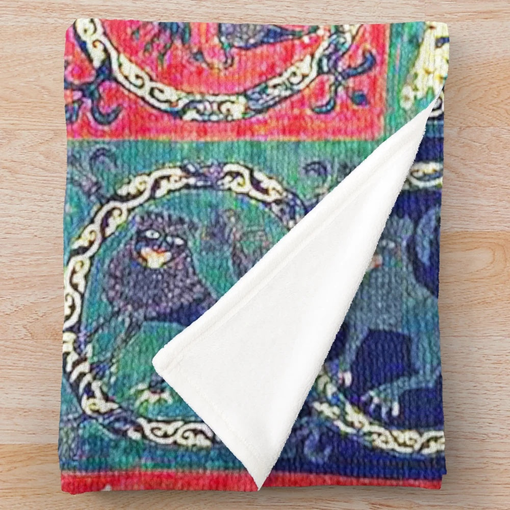 Plush blanket with medieval bestiary design including deer, unicorns, and lions on an antique Scandinavian tapestry-style pattern