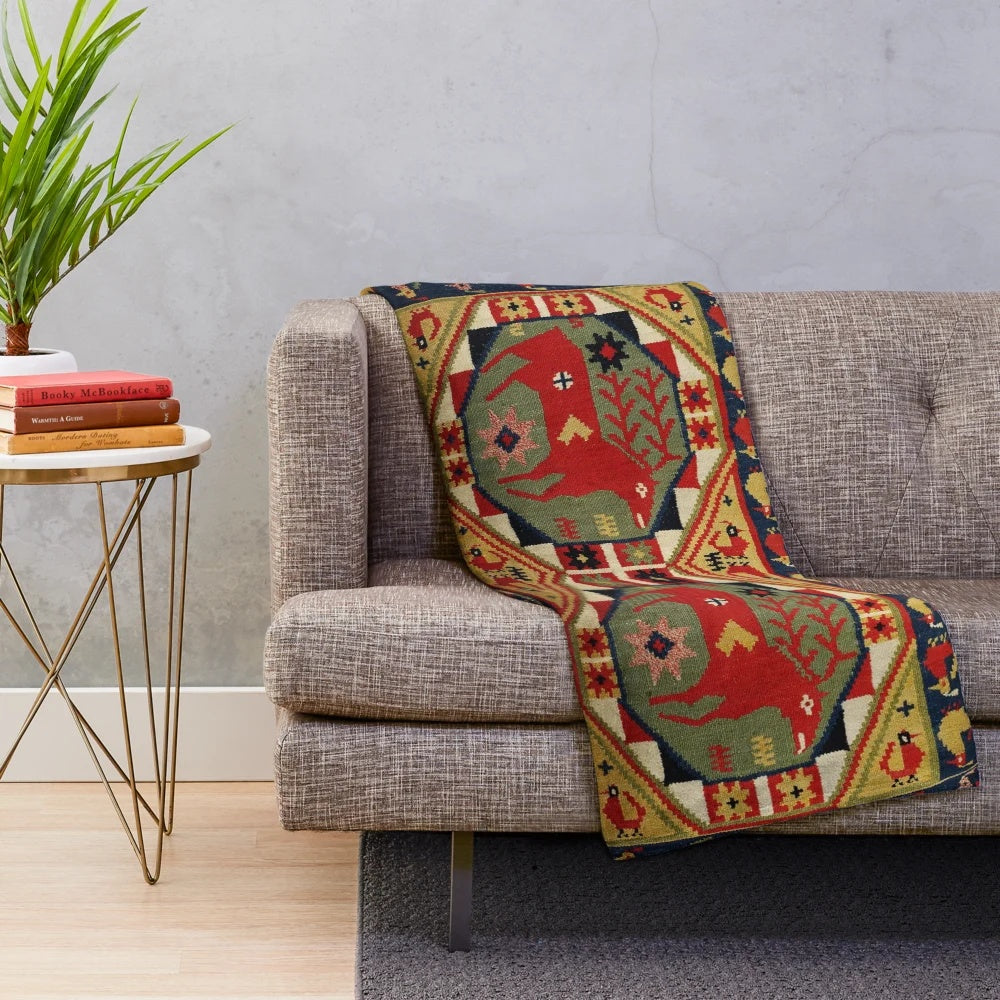Antique Scandinavian tapestry-inspired plush blanket with geometric floral design and deer