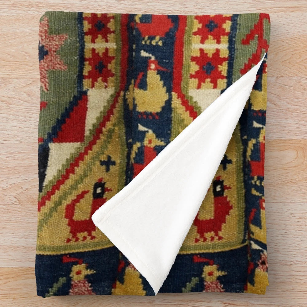 Antique Scandinavian tapestry-inspired plush blanket with geometric floral design and deer