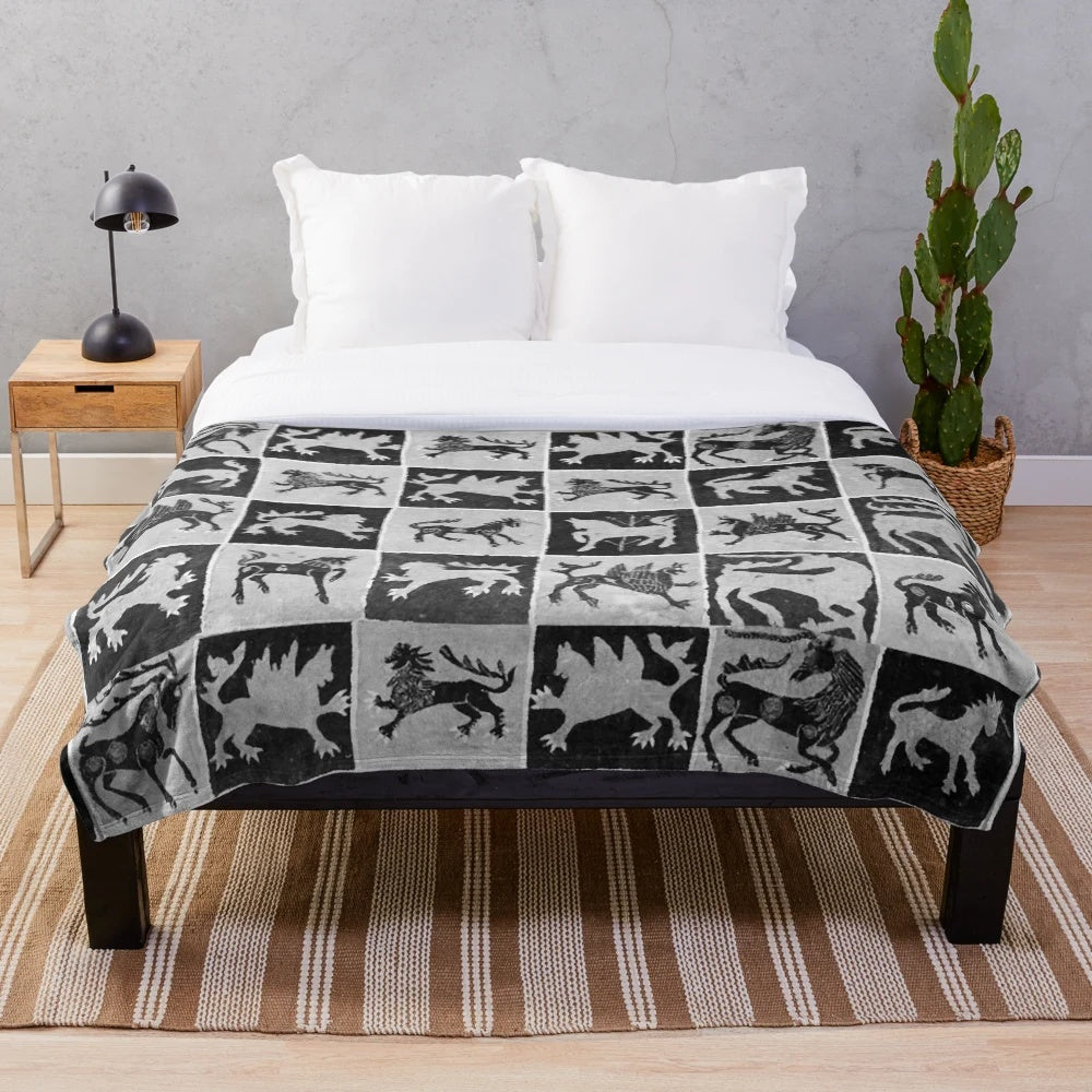 Antique Scandinavian tapestry plush blanket featuring a medieval bestiary of legendary animals including lions, unicorns, and deer