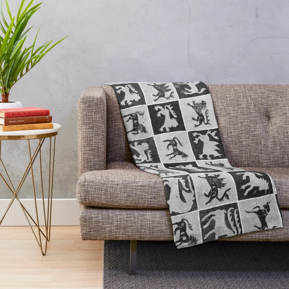 Antique Scandinavian tapestry plush blanket featuring a medieval bestiary of legendary animals including lions, unicorns, and deer