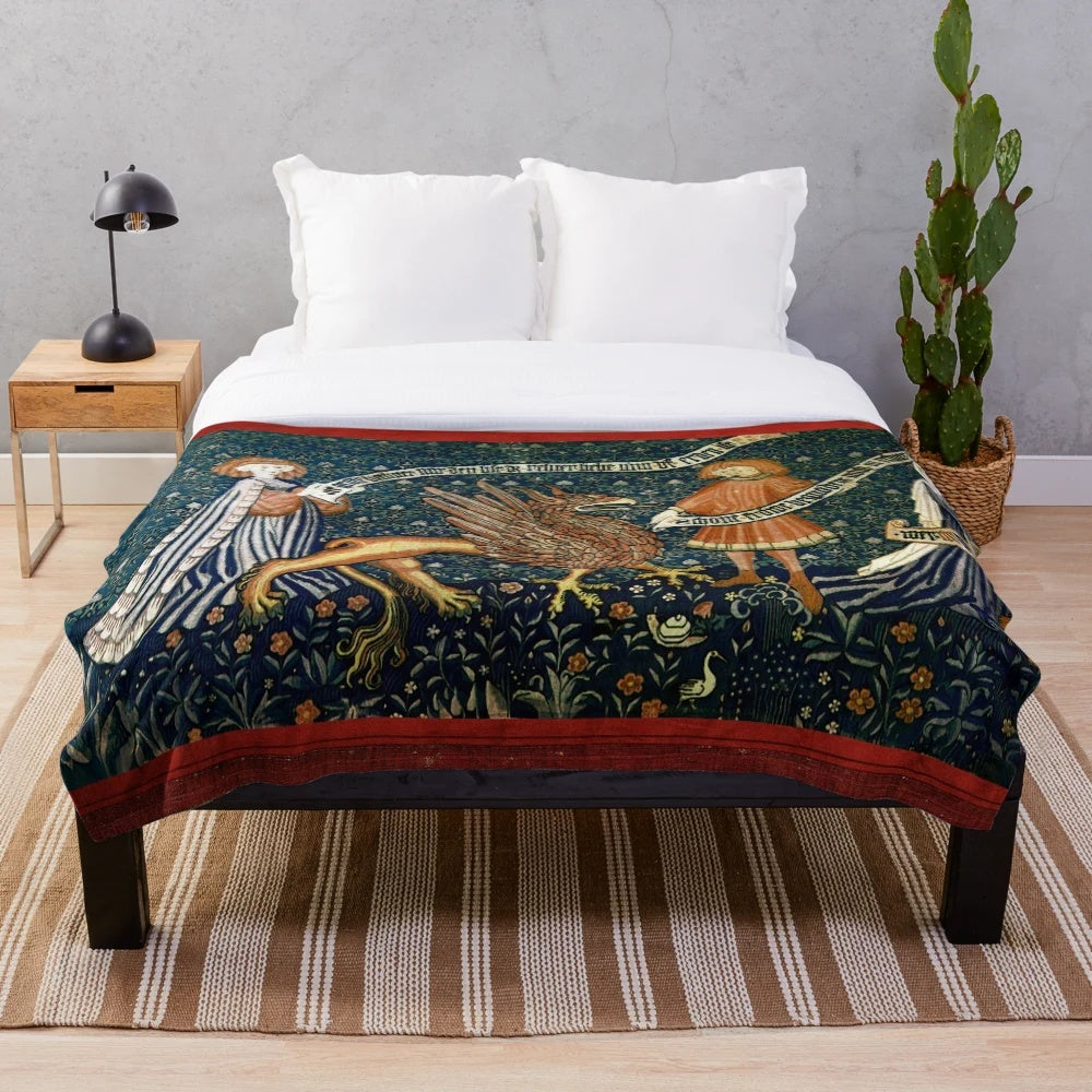 Antique-style plush blanket featuring a medieval griffin design