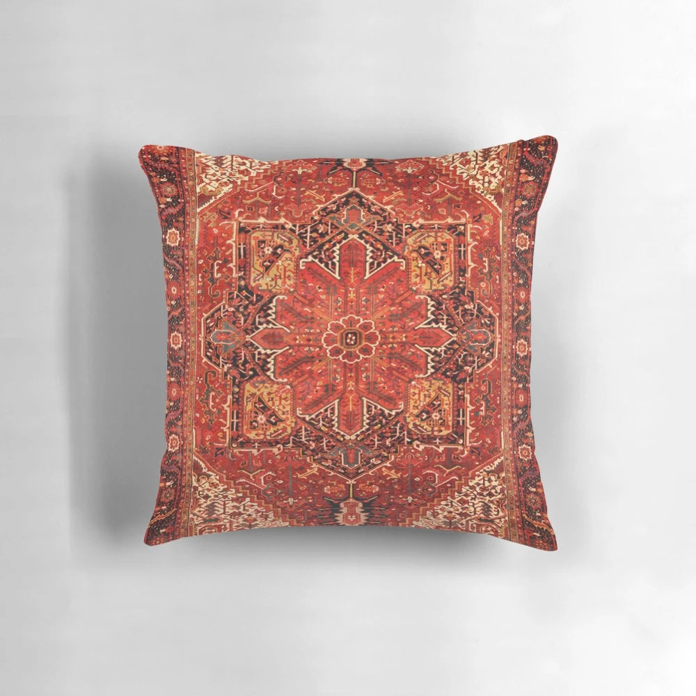 Antique-style Persian rug print accent pillow with red and black carpet pattern