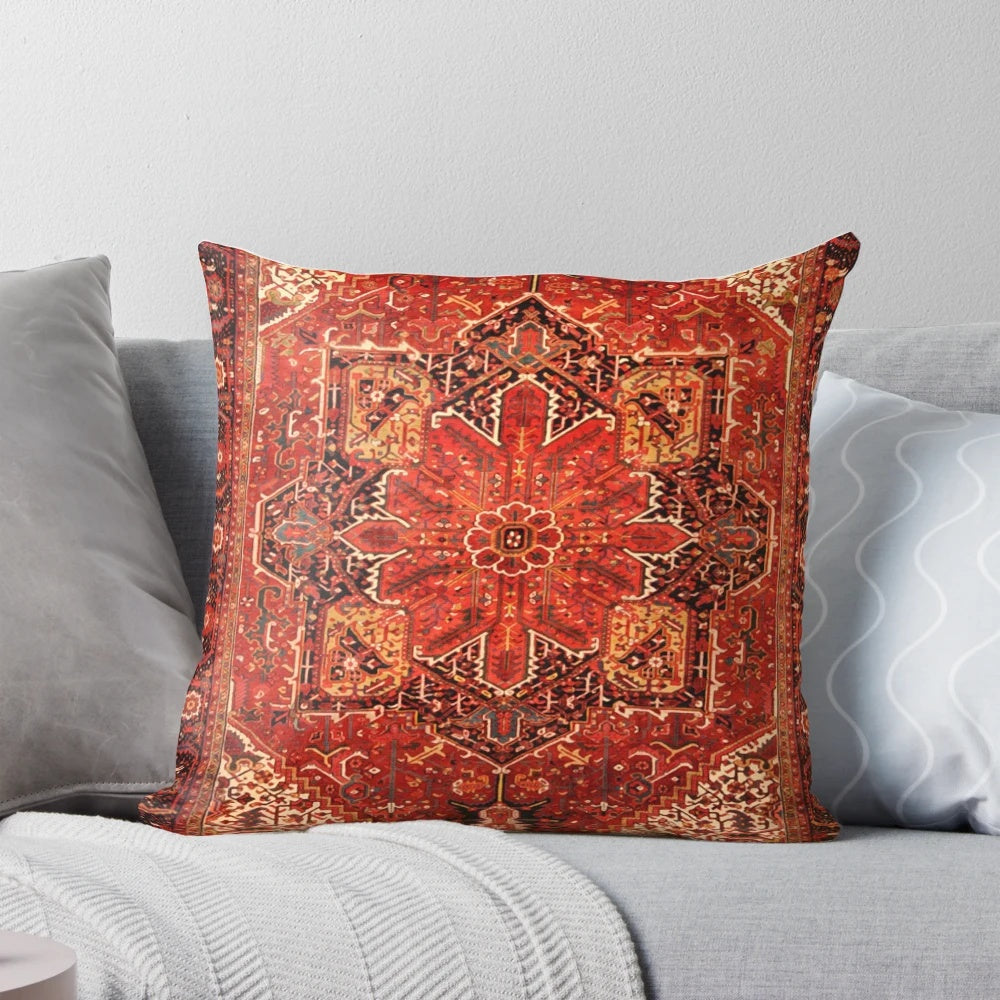 Antique-style Persian rug print accent pillow with red and black carpet pattern