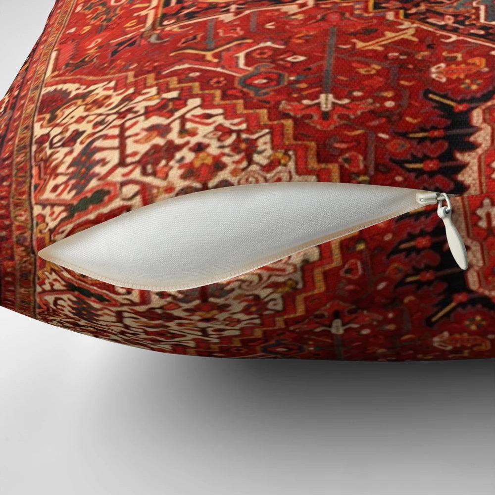 Antique-style Persian rug print accent pillow with red and black carpet pattern