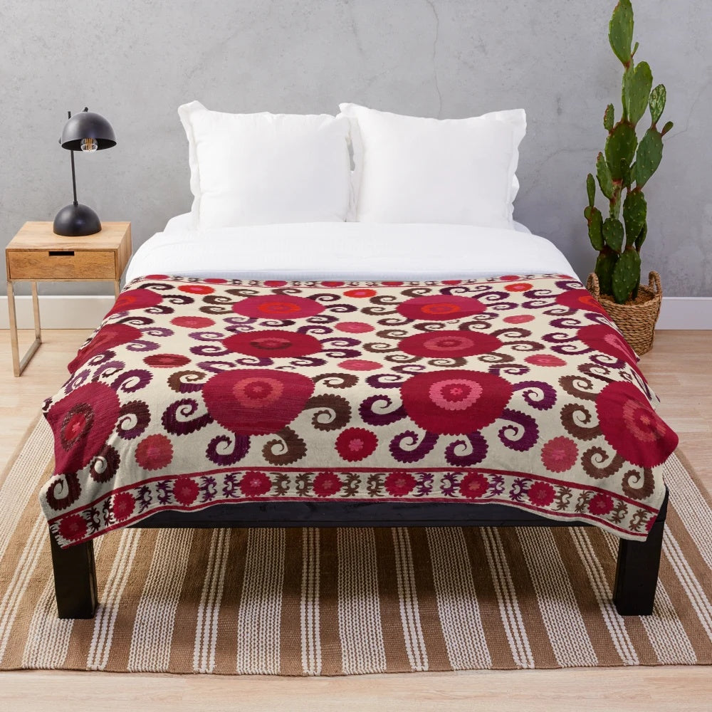 Antique Suzani Embroidery Print Plush Blanket