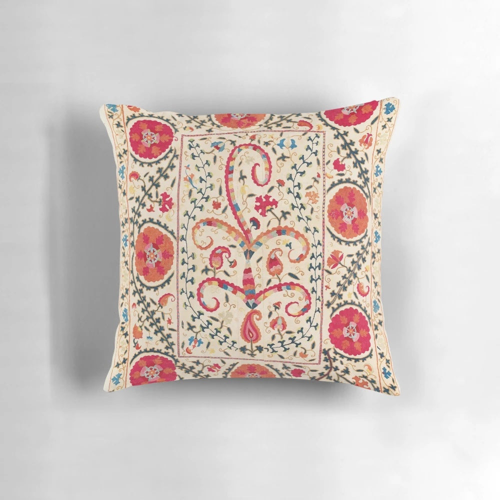 Antique suzani-inspired Uzbekistan embroidered pillow with geometric and abstract patterns