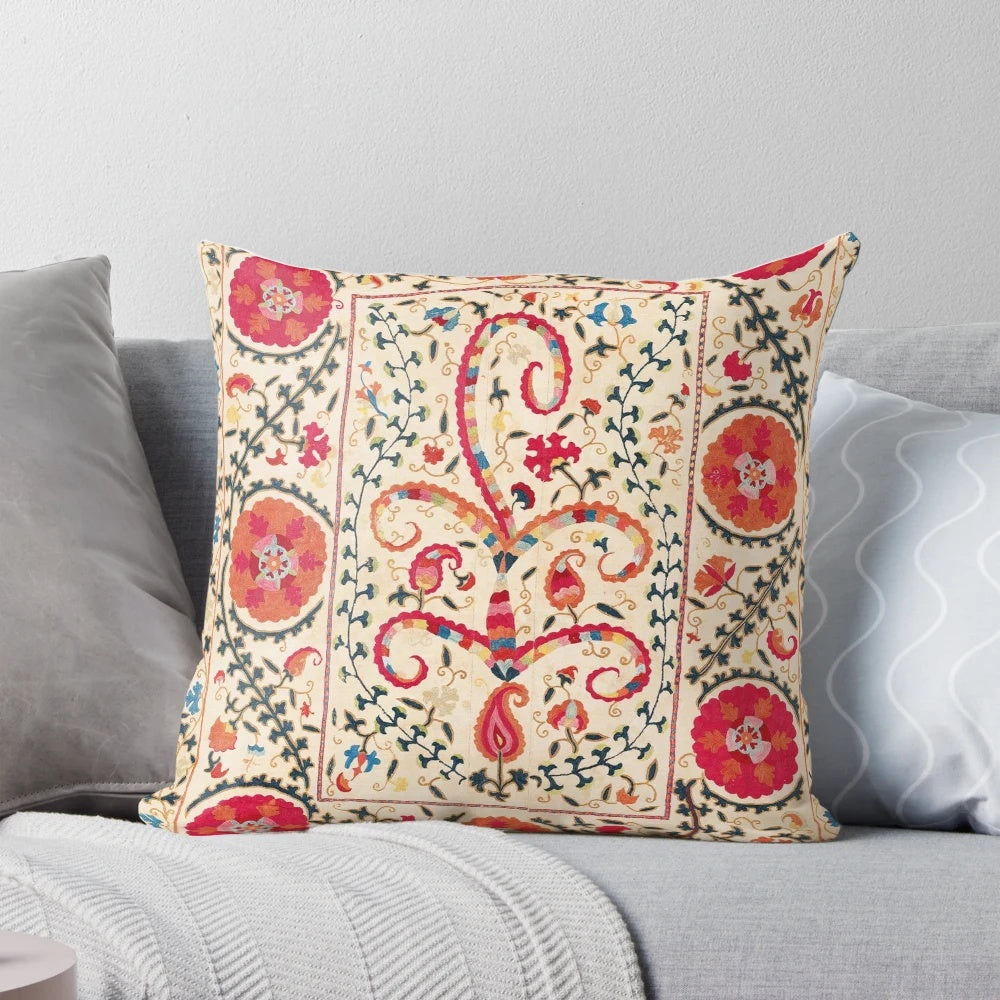 Antique suzani-inspired Uzbekistan embroidered pillow with geometric and abstract patterns