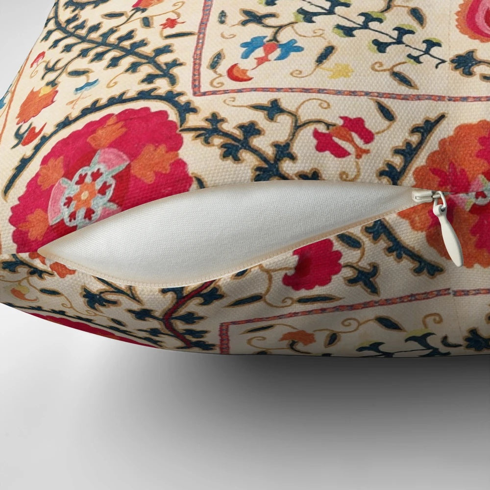 Antique suzani-inspired Uzbekistan embroidered pillow with geometric and abstract patterns