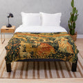 Antique tapestry inspired plush blanket featuring a medieval deer hunting scene with ladies and dogs