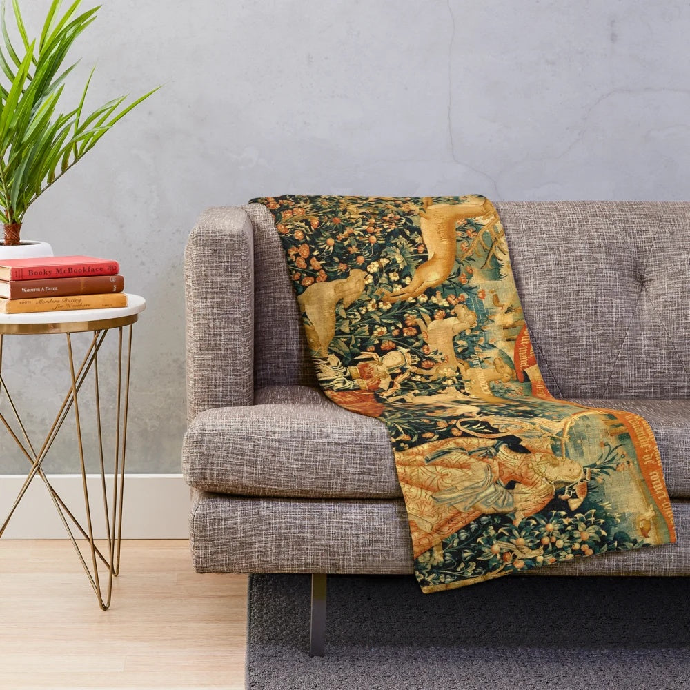 Antique tapestry inspired plush blanket featuring a medieval deer hunting scene with ladies and dogs