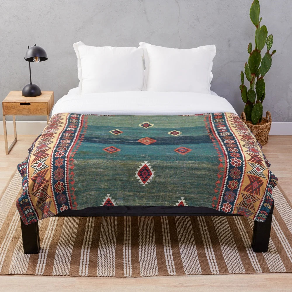 Antique Turkish Kilim Inspired Plush Blanket