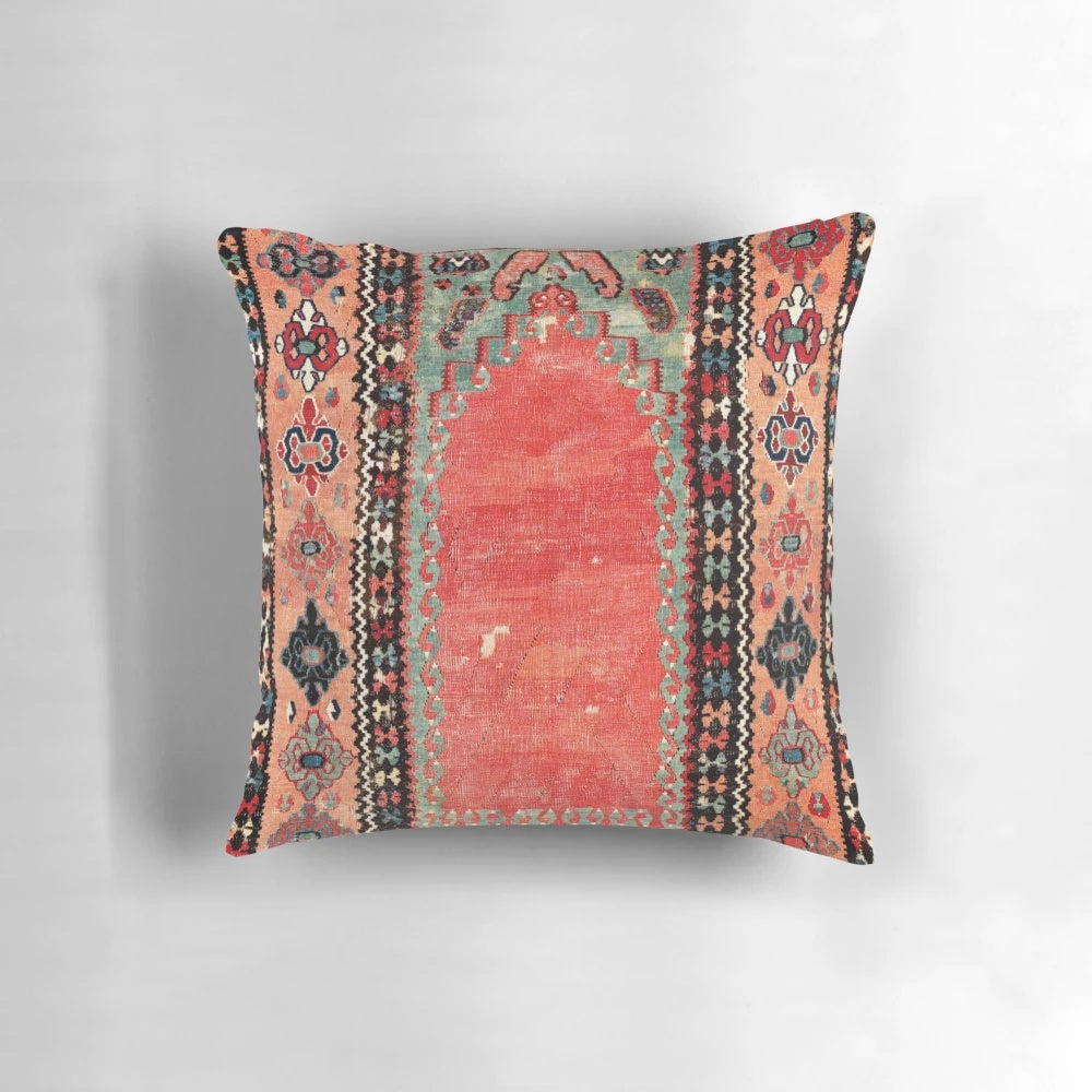 Antique Turkish kilim inspired throw pillow with geometric patterns and vintage aesthetic