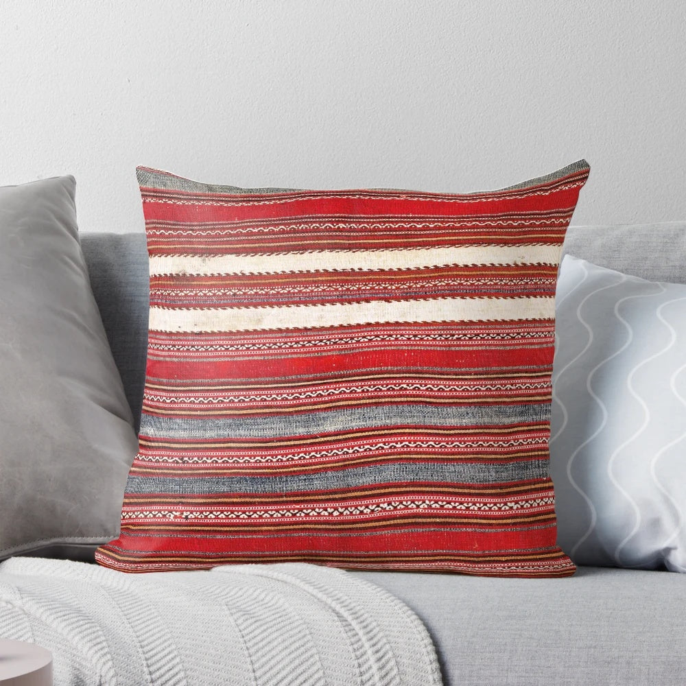 Bergama antique Turkish kilim print pillow with geometric and ethnic design