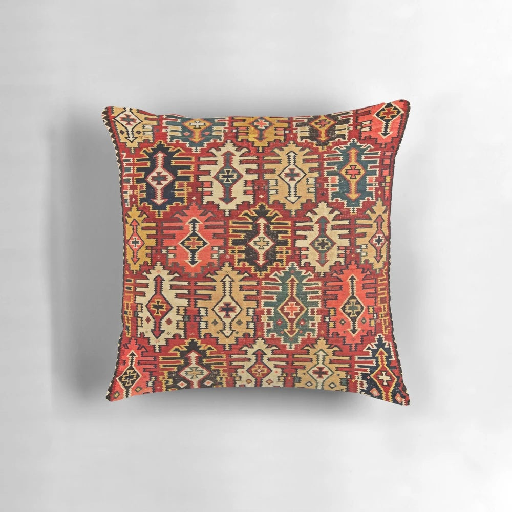 Antique Turkish Kilim Tribal Rug Print Throw Pillow, Boho Home Decor