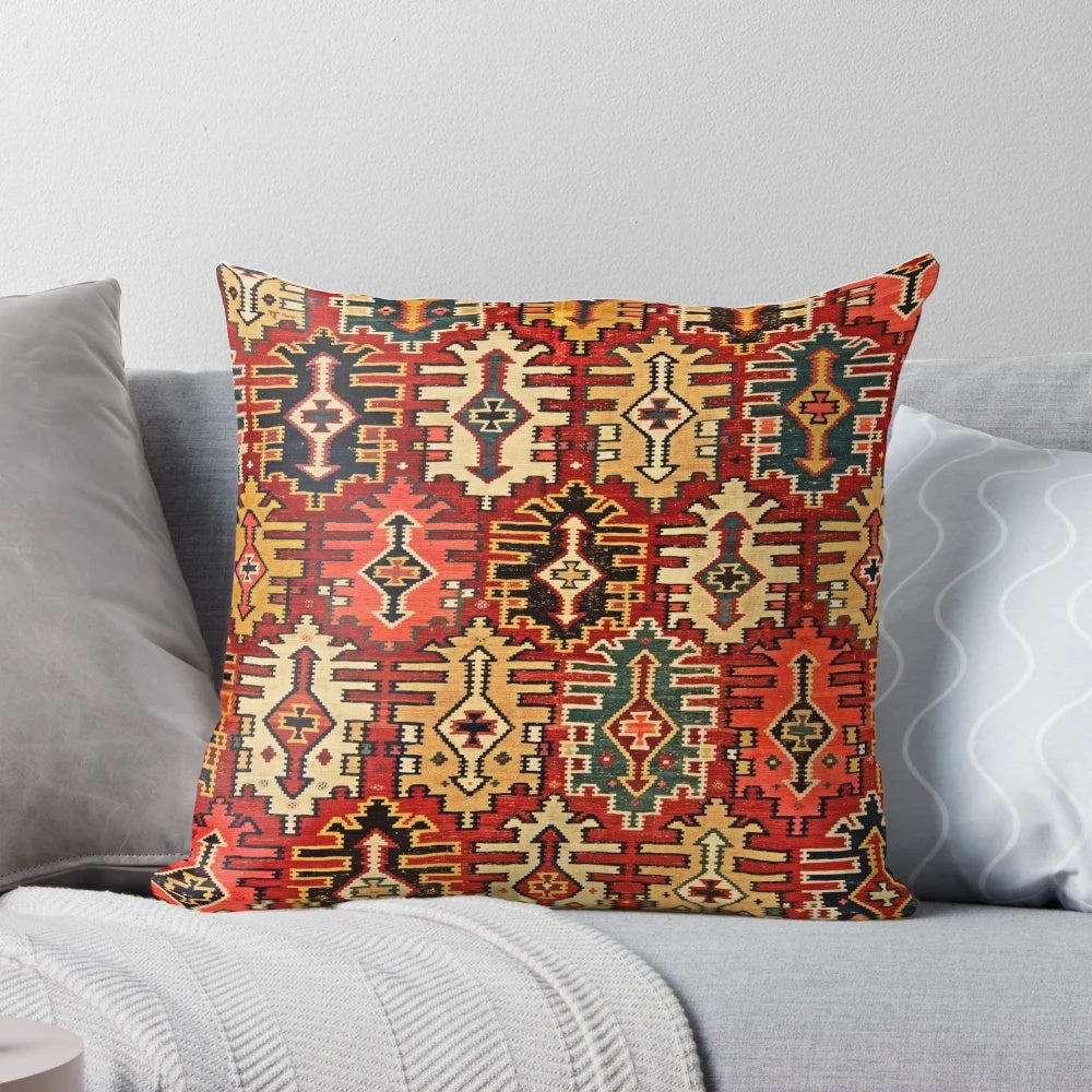 Antique Turkish Kilim Tribal Rug Print Throw Pillow, Boho Home Decor