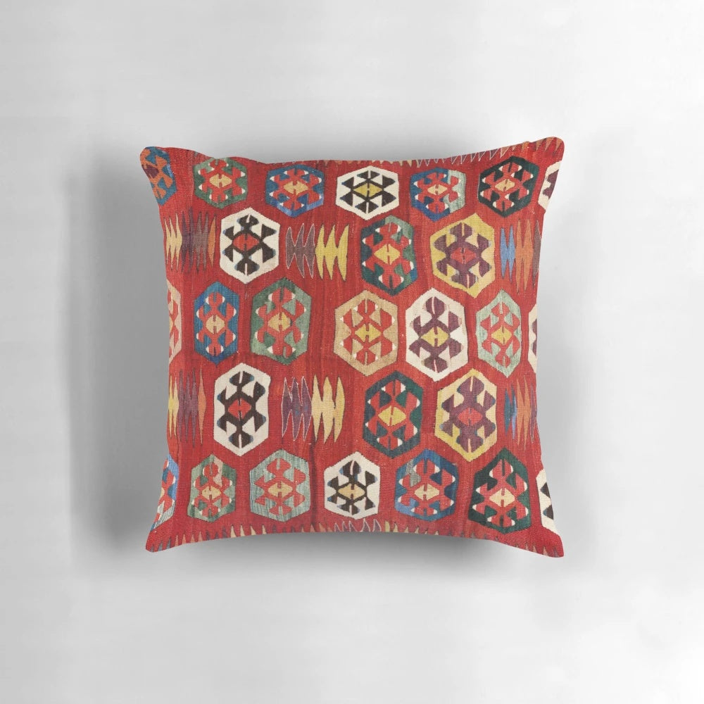 Antique Turkish Mersin kilim print decorative pillow with vibrant red and geometric patterns