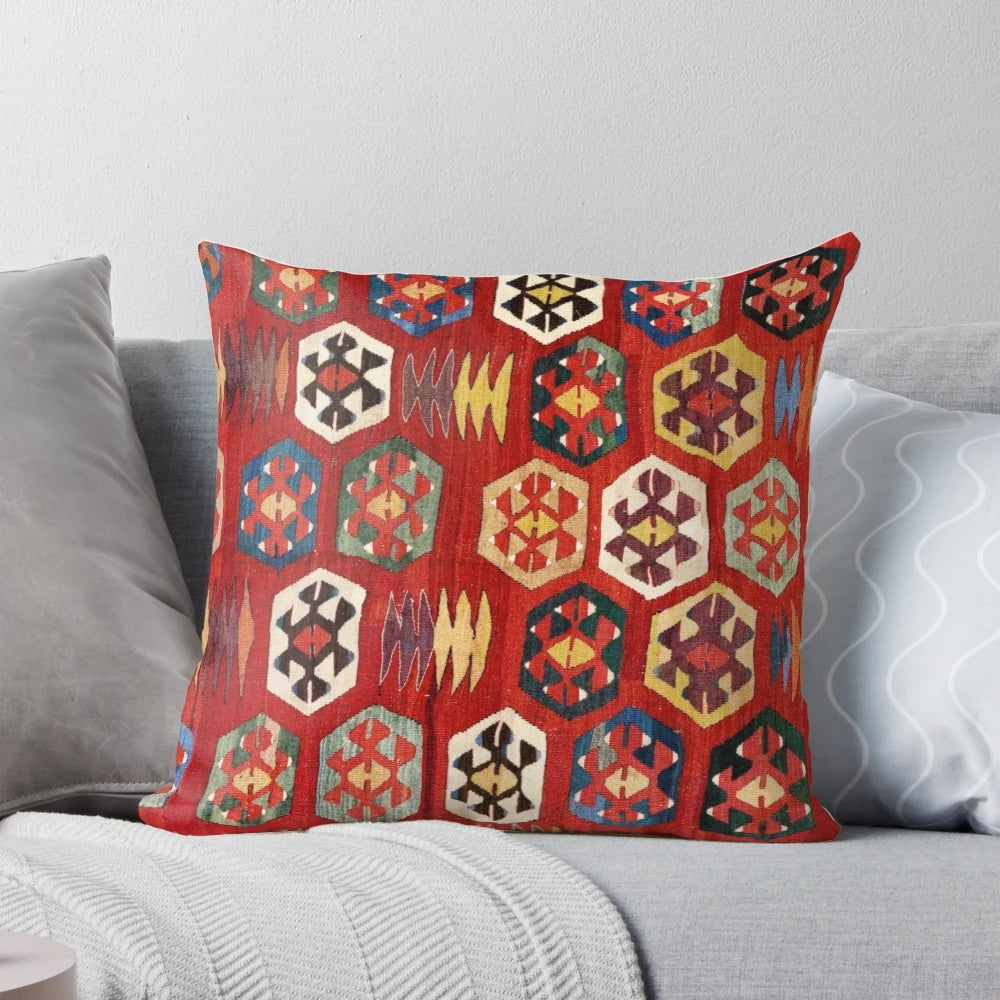 Antique Turkish Mersin kilim print decorative pillow with vibrant red and geometric patterns