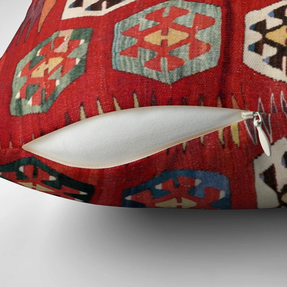 Antique Turkish Mersin kilim print decorative pillow with vibrant red and geometric patterns