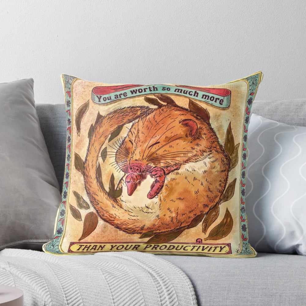 Vintage-inspired dormouse pillow with "You are worth more than your productivity" message, promoting anti-work and leftist values.