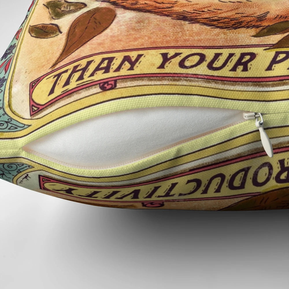 Vintage-inspired dormouse pillow with "You are worth more than your productivity" message, promoting anti-work and leftist values.