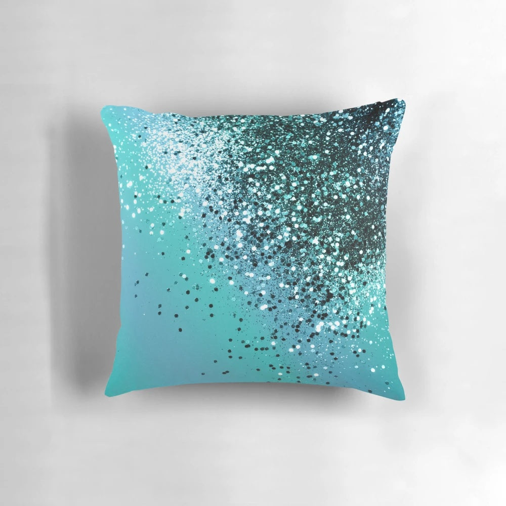 Aqua blue and glitter abstract art pillow with a mermaid-inspired style