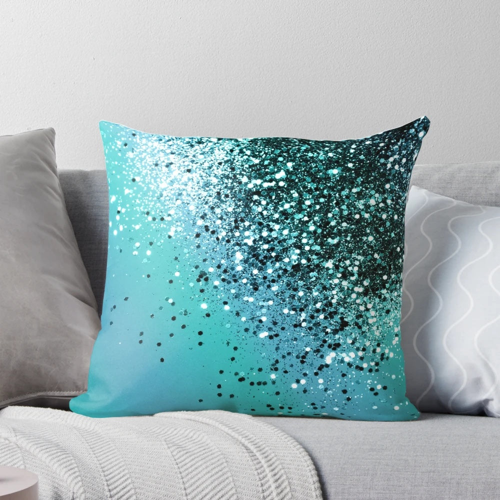Aqua blue and glitter abstract art pillow with a mermaid-inspired style