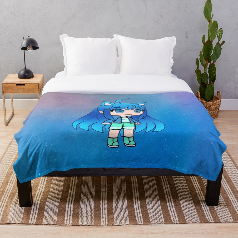 Aqua blue plush blanket with a cute anime character design
