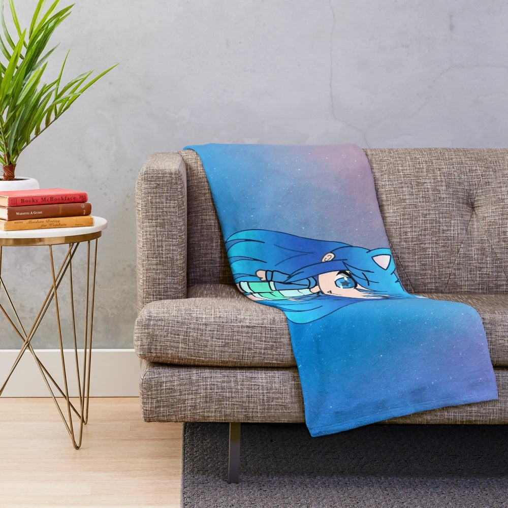 Aqua blue plush blanket with a cute anime character design