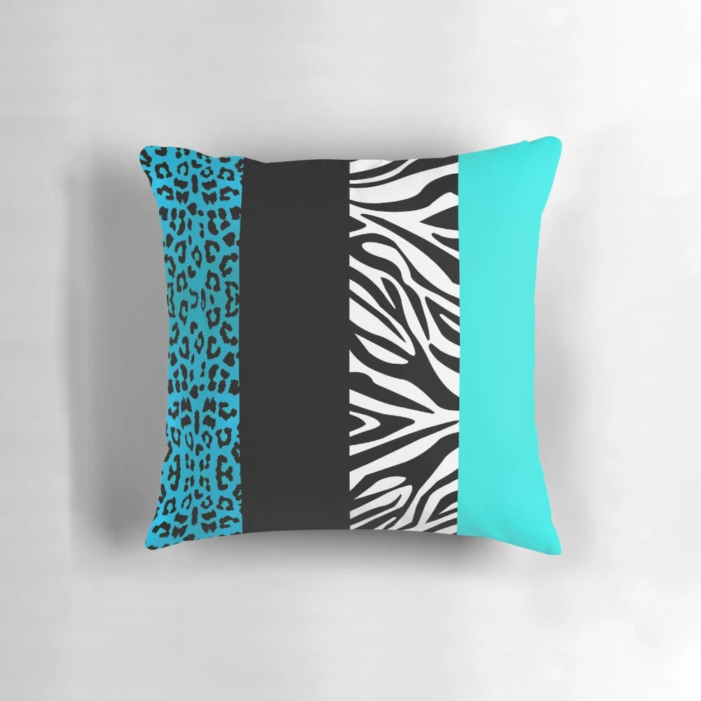 Aqua blue zebra and leopard animal print striped decorative pillow