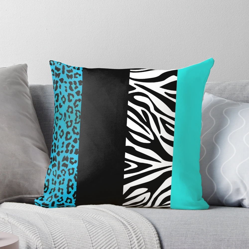 Aqua blue zebra and leopard animal print striped decorative pillow