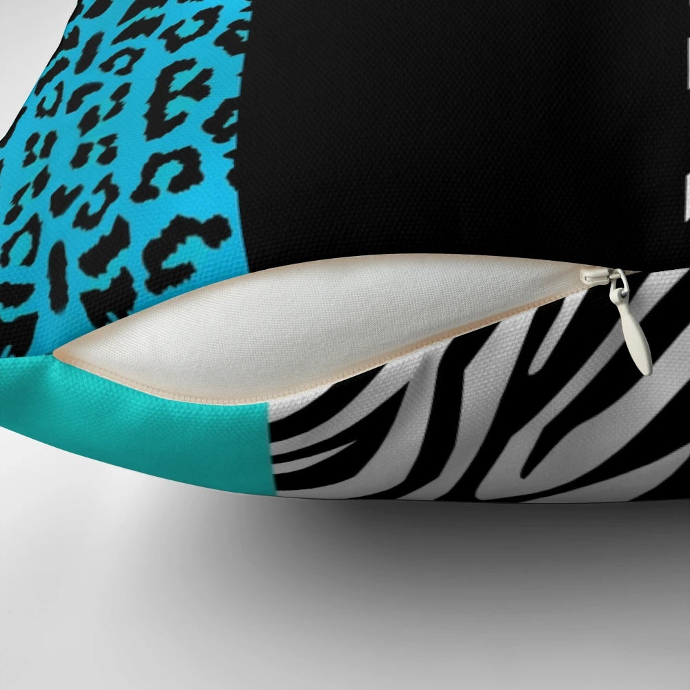 Aqua blue zebra and leopard animal print striped decorative pillow