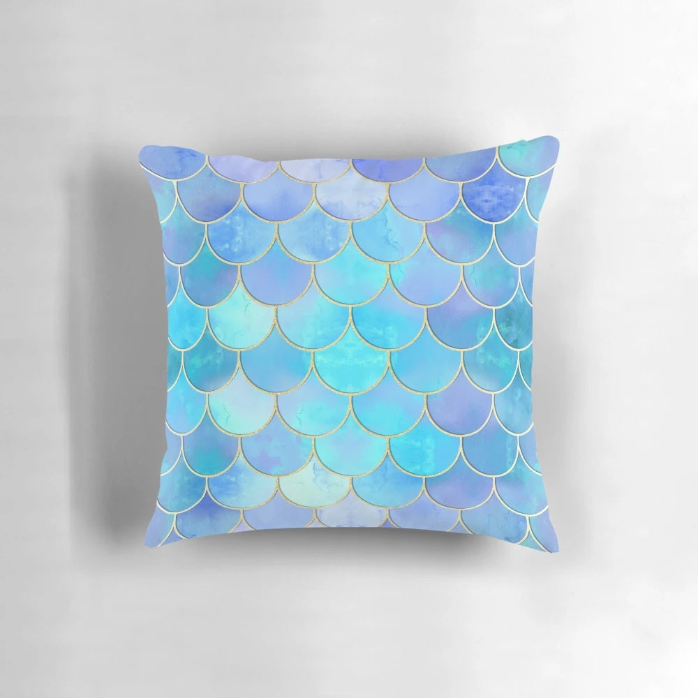 Aqua and gold mermaid scale pattern decorative pillow