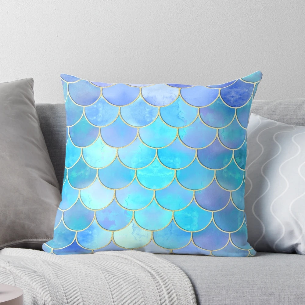 Aqua and gold mermaid scale pattern decorative pillow
