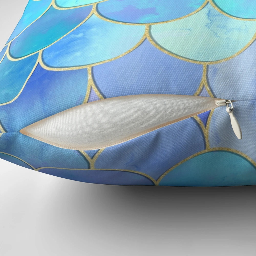 Aqua and gold mermaid scale pattern decorative pillow