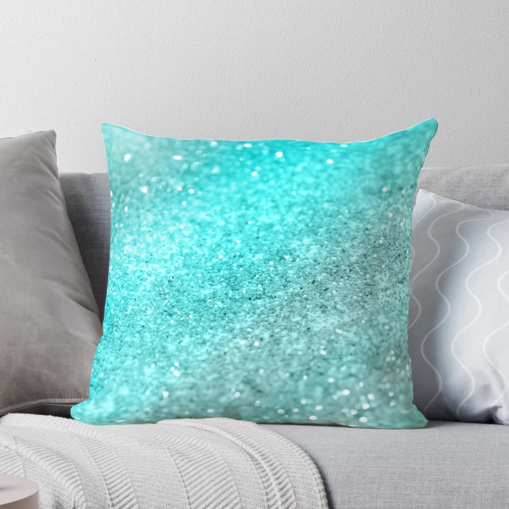Aqua teal ocean glam pillow with shimmering glitter accents, creating a magical and tropical vibe.