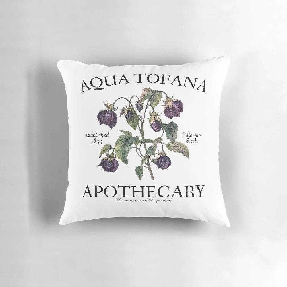 Aqua Tofana Apothecary Feminist Pillow featuring a bold, feminist design and a message of reproductive rights and women's empowerment.