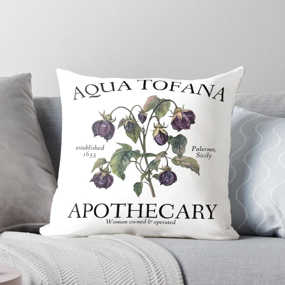 Aqua Tofana Apothecary Feminist Pillow featuring a bold, feminist design and a message of reproductive rights and women's empowerment.