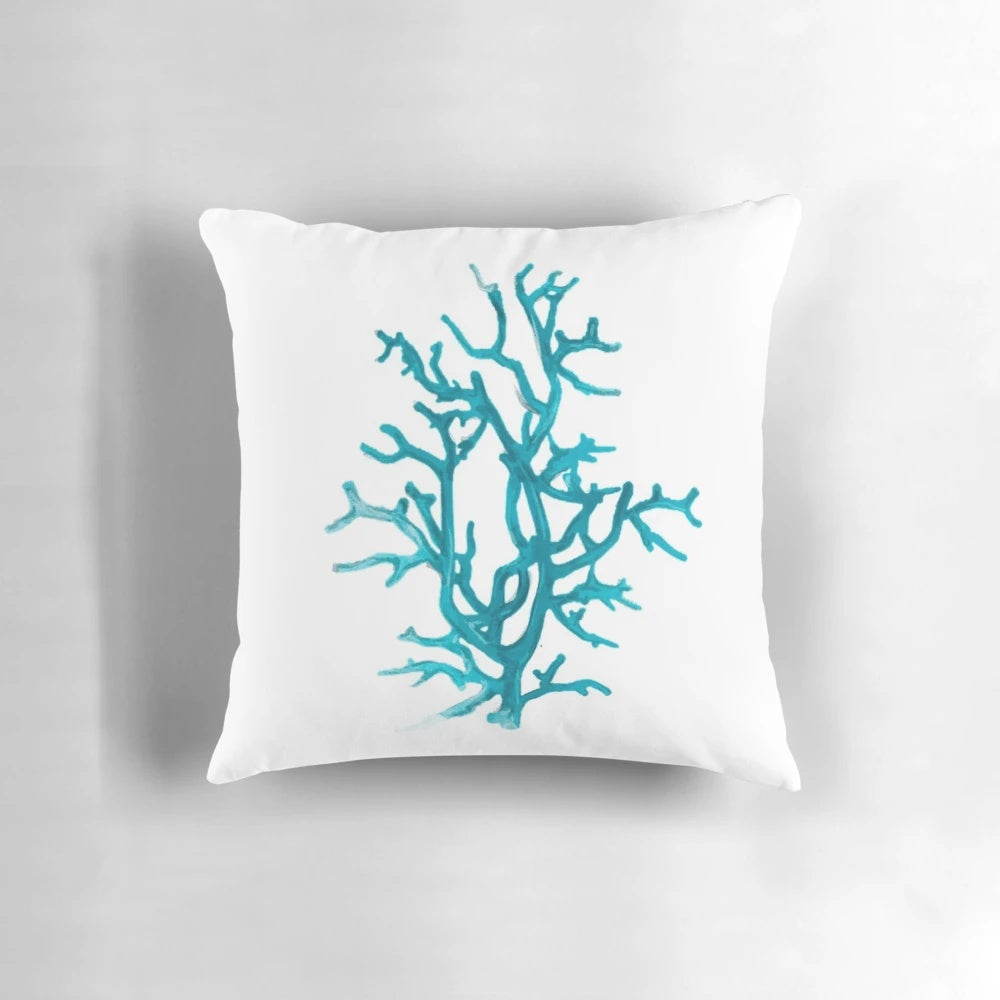 Aquamarine coral-patterned accent pillow with a nautical, ocean-inspired design