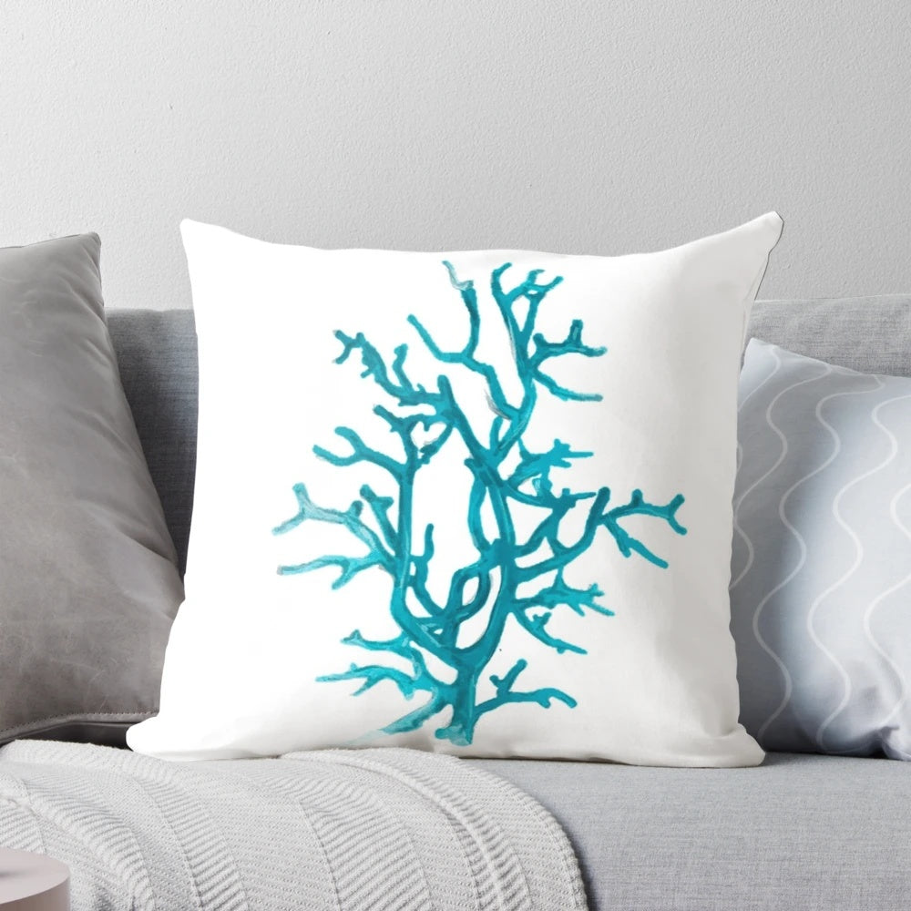 Aquamarine coral-patterned accent pillow with a nautical, ocean-inspired design