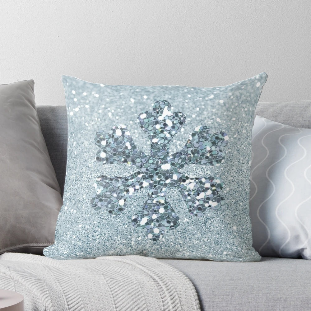 Aquamarine snowflake pillow with a soft, digital art design perfect for winter and holiday home decor