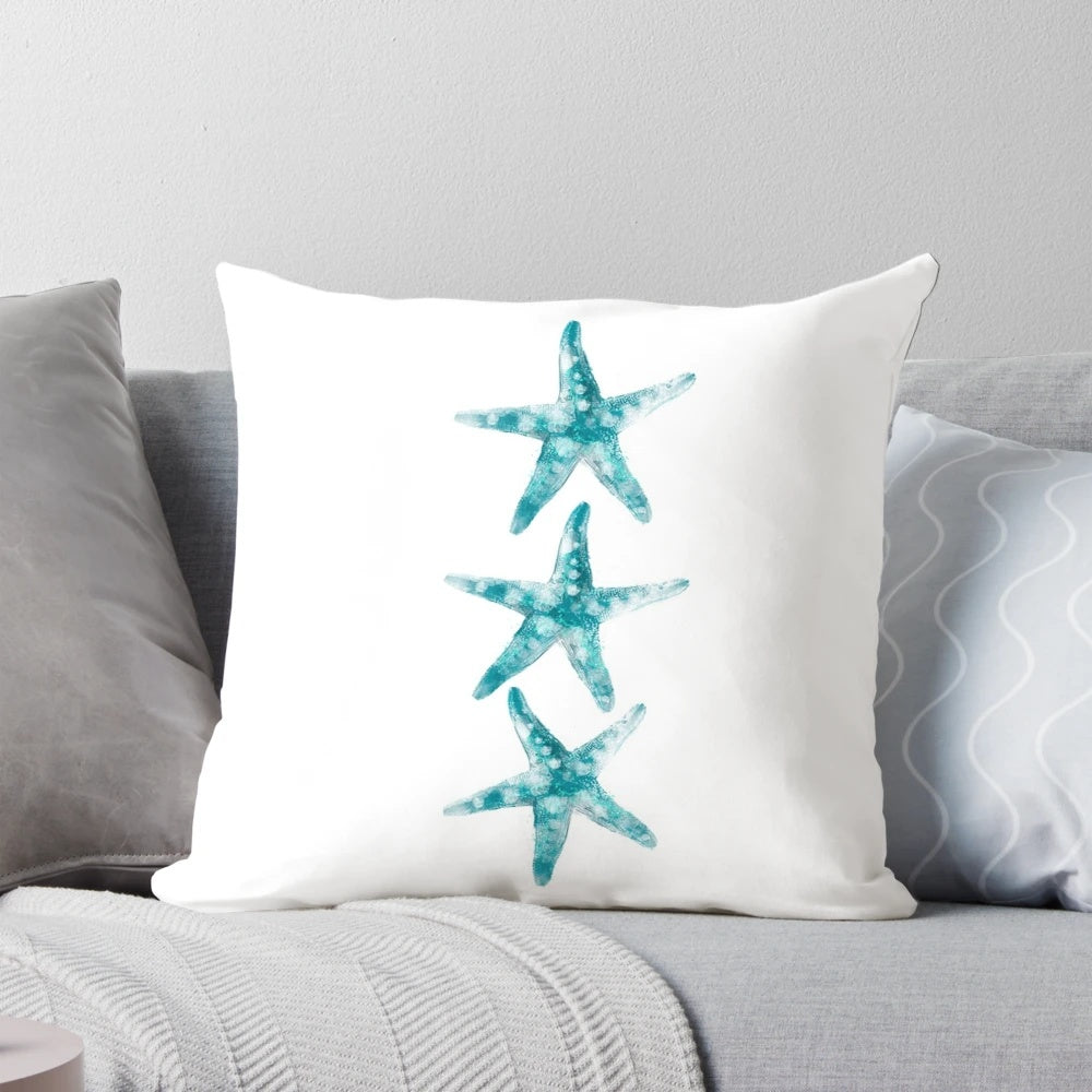 Aquamarine starfish pillow with a nautical, seaside pattern