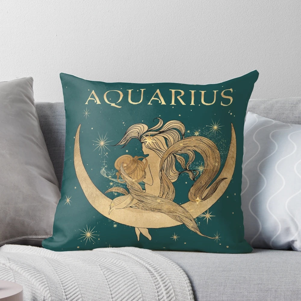 Aquarius zodiac woman design printed on a soft, plush pillow