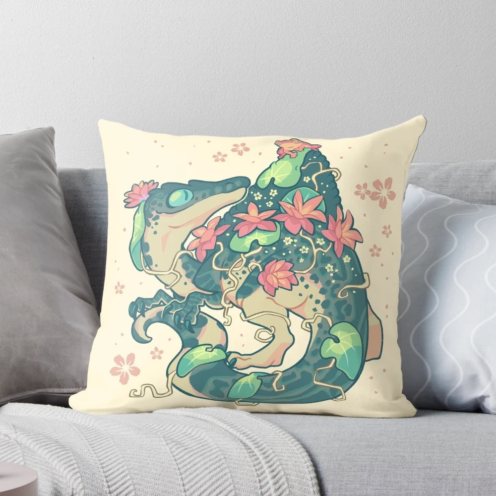 Soft, plush pillow featuring a whimsical design of a spinosaurus dinosaur and a frog in a natural, aquatic setting.