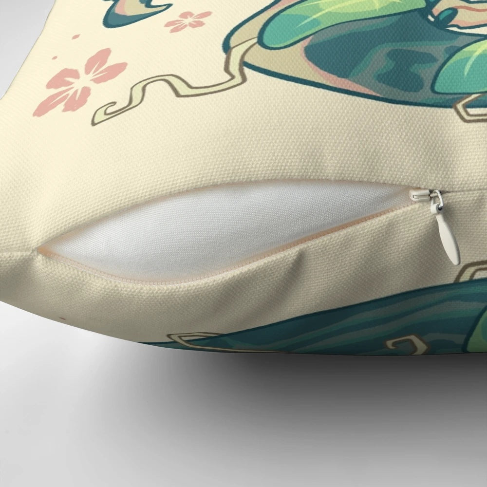 Soft, plush pillow featuring a whimsical design of a spinosaurus dinosaur and a frog in a natural, aquatic setting.