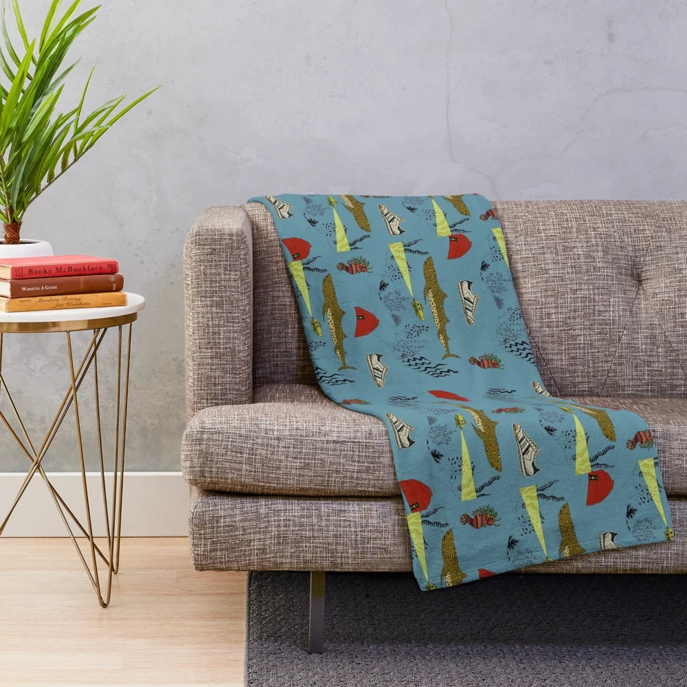 Plush blanket featuring the underwater pattern from the Wes Anderson film The Life Aquatic with Steve Zissou