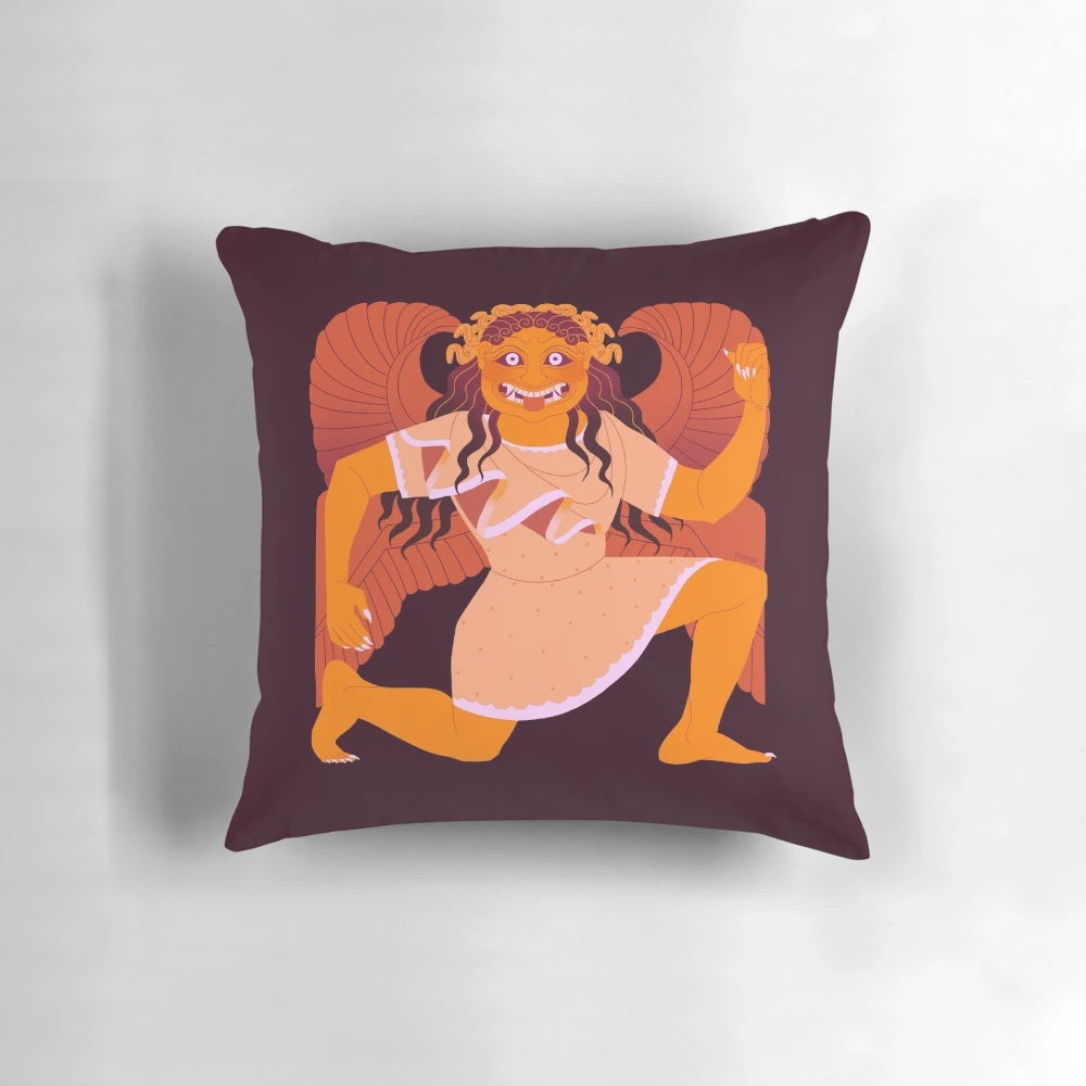 Archaic Gorgon-inspired orange decorative throw pillow with snake motif, perfect for ancient history and art lovers.