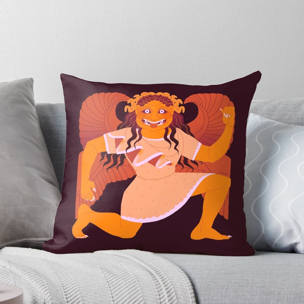 Archaic Gorgon-inspired orange decorative throw pillow with snake motif, perfect for ancient history and art lovers.